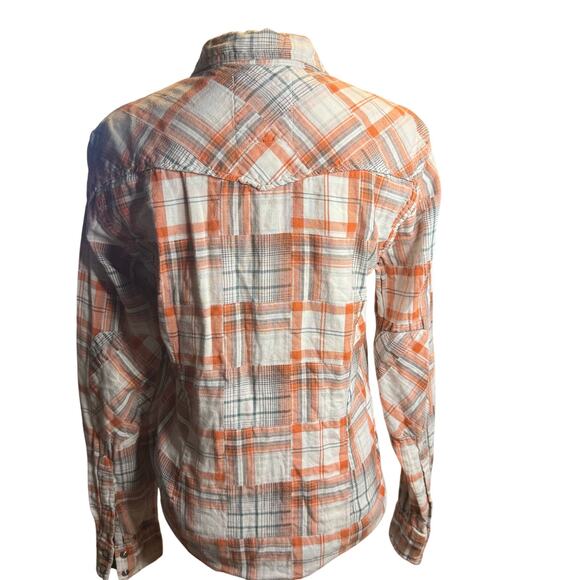 Guess Western Slim Fit Plaid Shirt, Orange and Gray Pearl Snaps, Women's Small - Picture 3 of 8